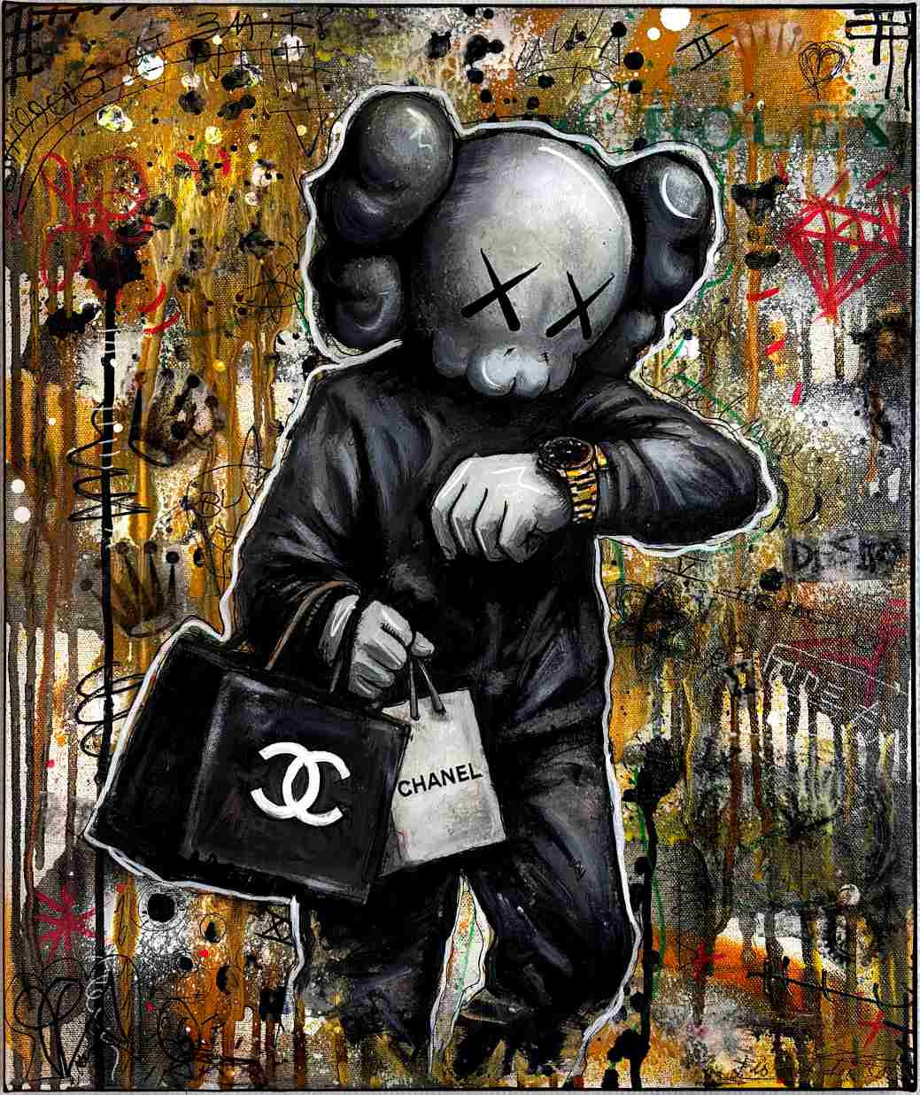 Tableau KAWShopping complet – œuvre street art pop art par PVettese, personnage style KAWS avec sacs de shopping sur toile co