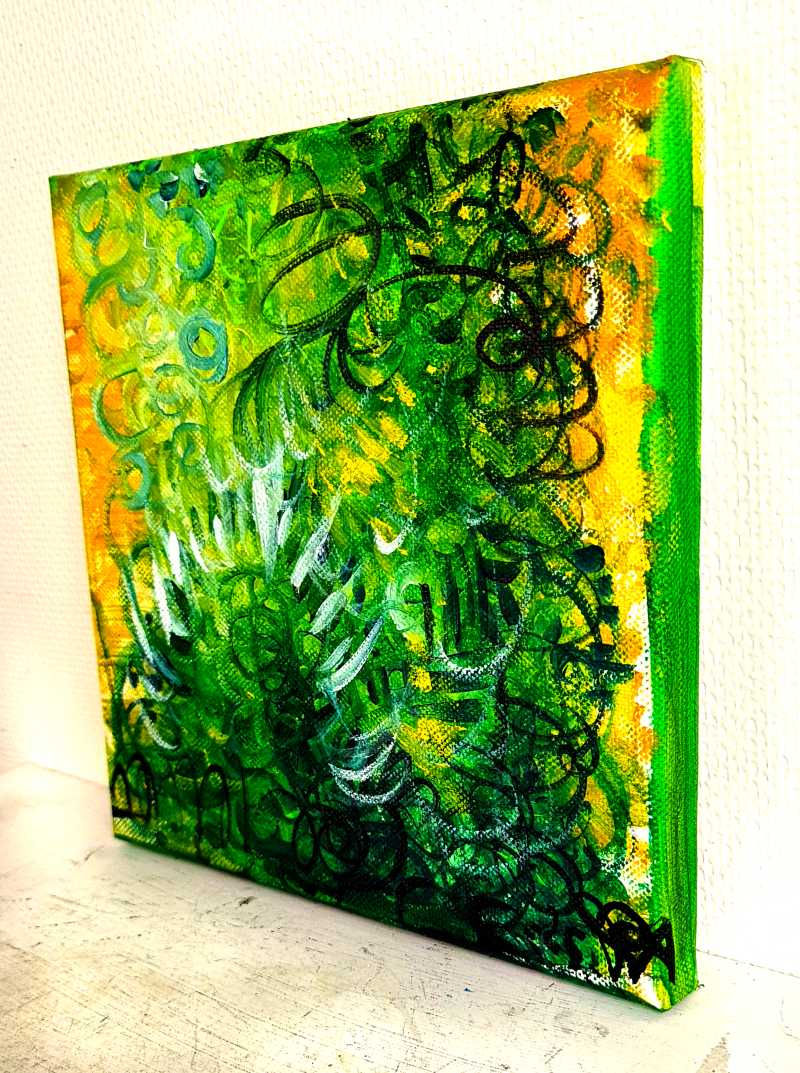 Miniature : Awakening Forest – Tableau abstrait vert et jaune, peinture contemporaine sur toile en coton par l’artiste PVettese, évoquant