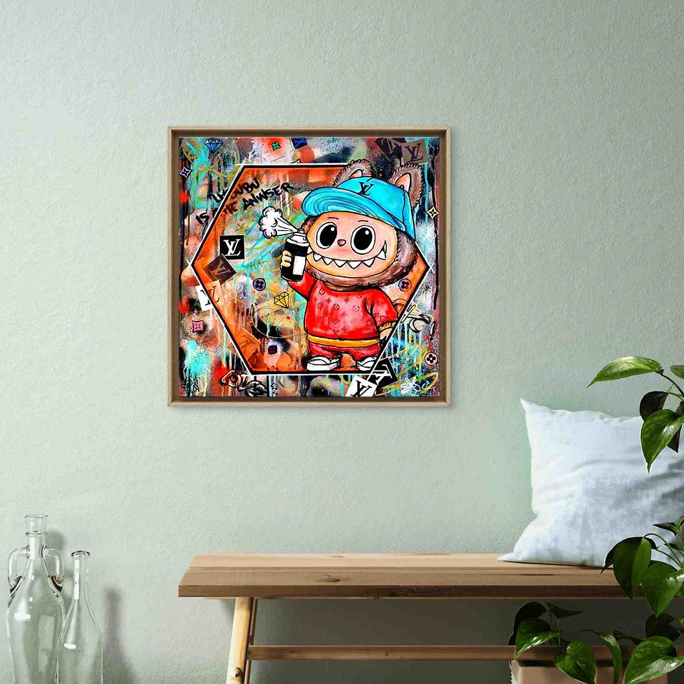 peinture street art sur toile avec labubu habillé en casquette louis vuitton avec une bombe aerosol graffant sur un mur