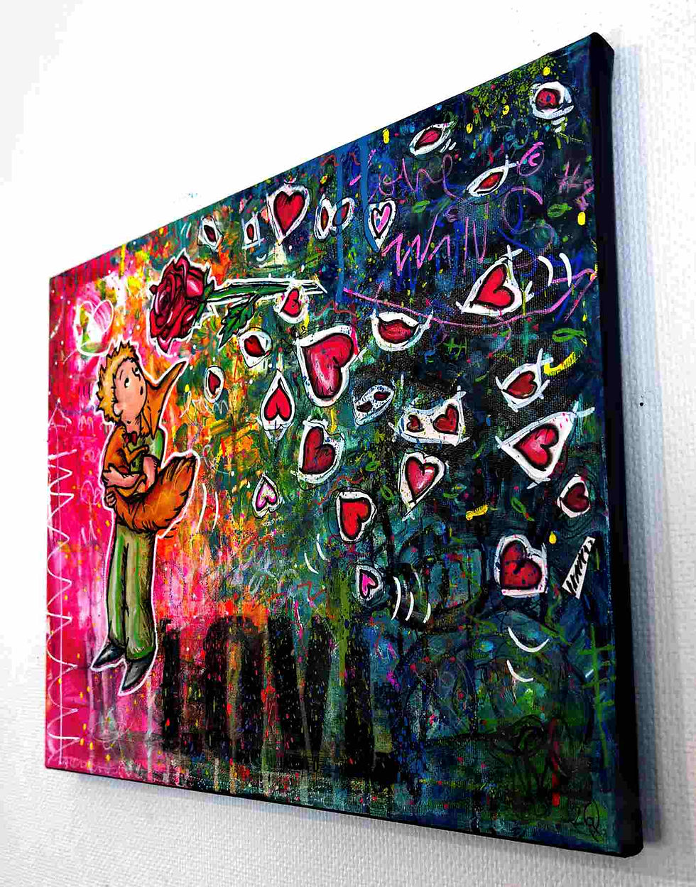 Thumbnail: tableau pop art graffiti le petit prince tenant son renard  une rose et des pétales de roses et coeurs
