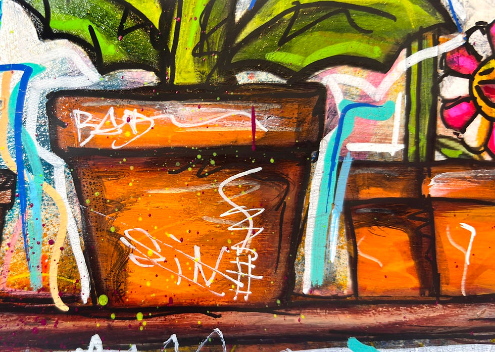 Thumbnail: tableau pop art street art avec Yoshi, fleurs colorées Murakami et plante carnivore sur fond graffiti.