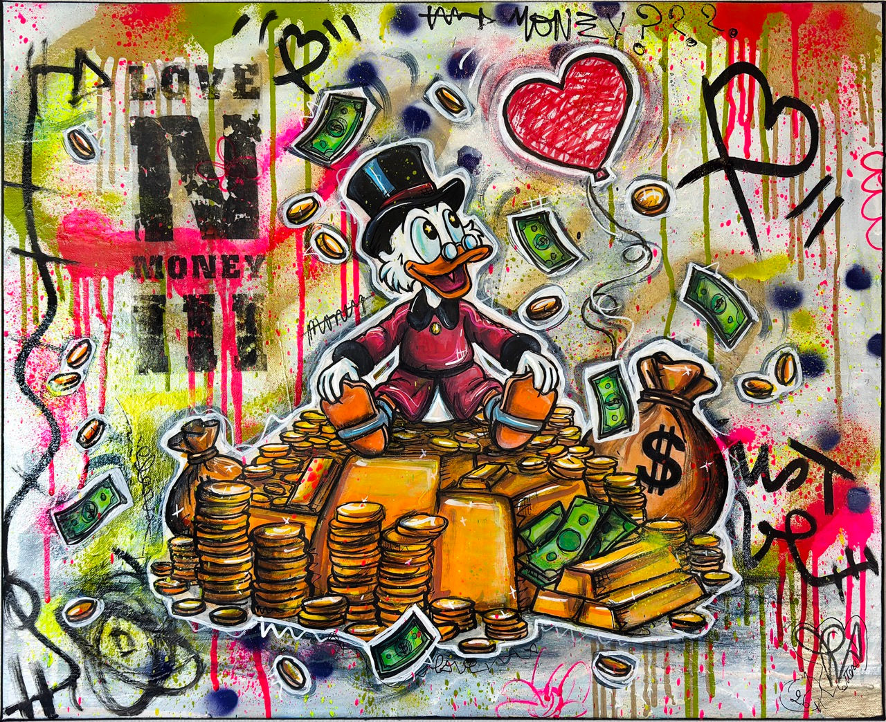 Love N Money 3 de PVettese, peinture Pop Art Street Art avec Picsou, pièces d’or, billets et graffiti sur toile