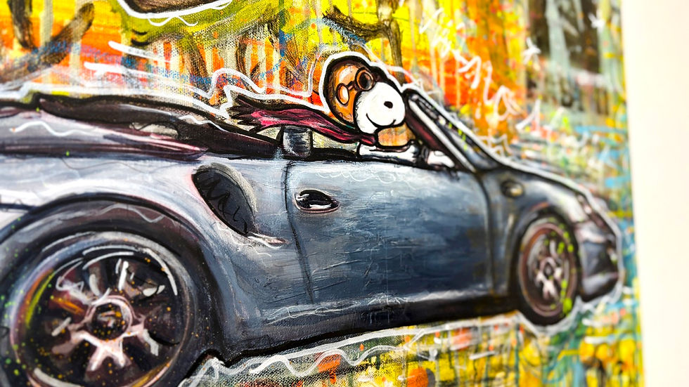 Thumbnail: Tableau Pop Art Street Art  d'artiste pvettese avec Snoopy au volant d’une porsche et fond graffiti coloré