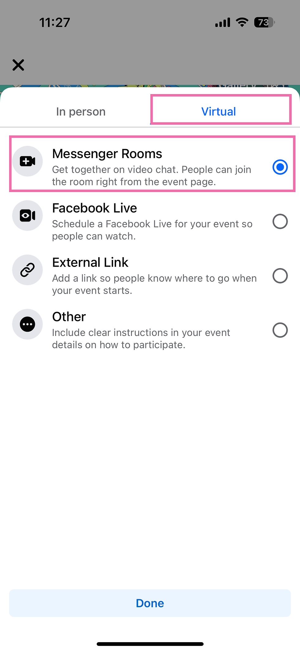 in person or virtual Facebook event on mobile