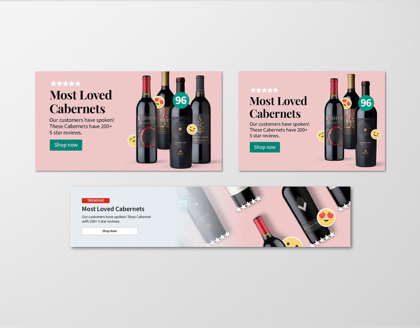 Image depicting three different assets for the Total Wine and More "Most Loved Cabernets" campaign.