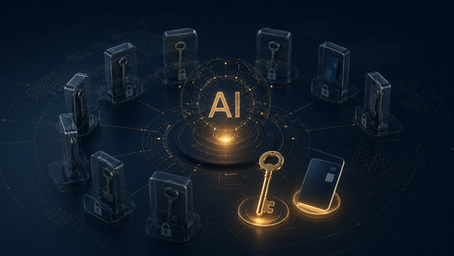 AI governance concept showing a secured AI system surrounded by locks, with a key and access card representing controlled access to company data.
