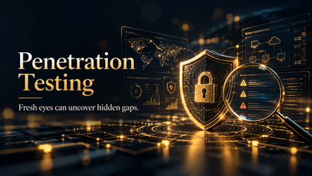 Penetration testing cybersecurity assessment with shield, security alerts, and magnifying glass identifying potential vulnerabilities.