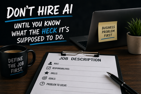 Illustration of a job description clipboard and AI-themed office workspace representing the concept of defining a business problem before selecting an AI solution