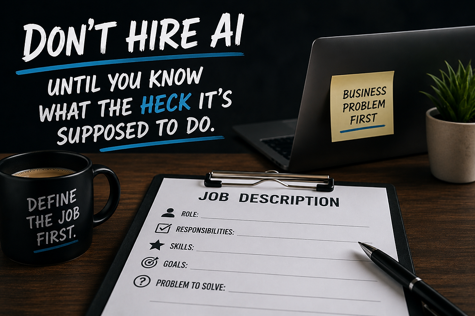 Illustration of a job description clipboard and AI-themed office workspace representing the concept of defining a business problem before selecting an AI solution