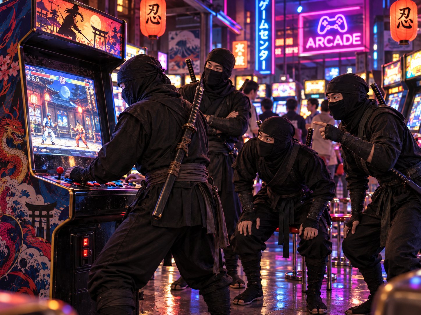 Ninjas crowded around a fighting game cabinet in a neon-lit arcade