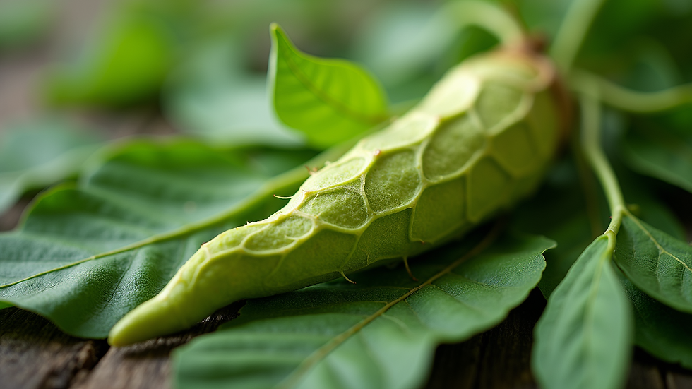 Close-up view of vibrant green ashwagandha root