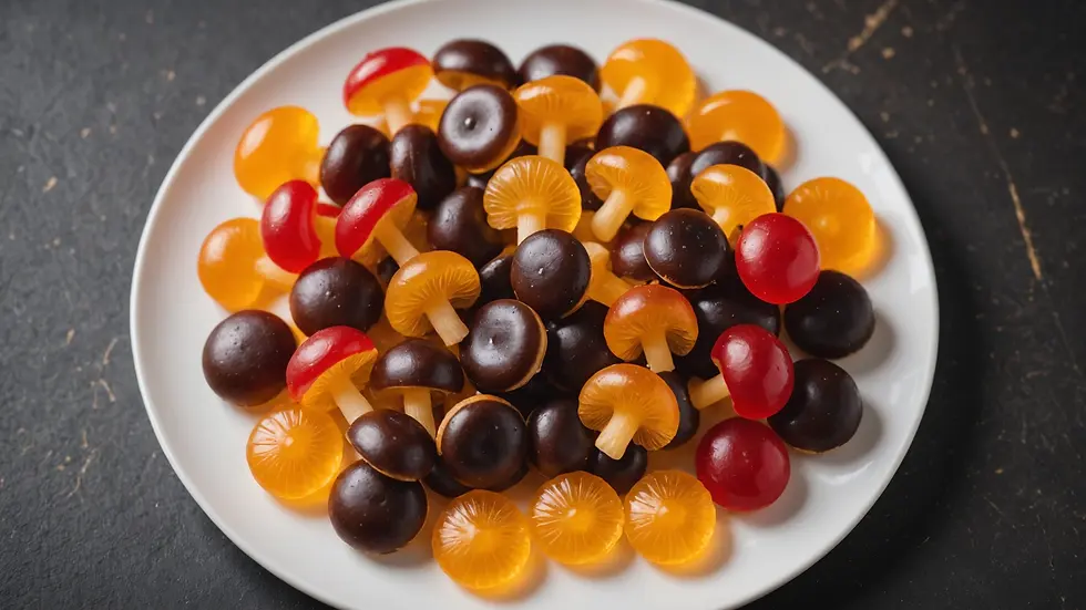 High angle view of a collection of mushroom gummies on a plate