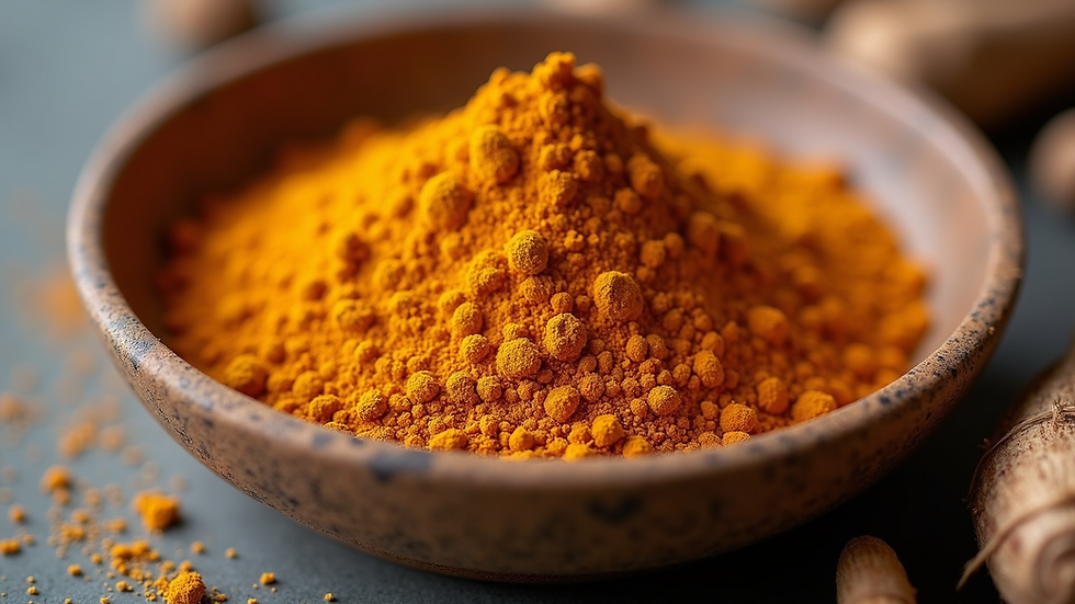Close-up view of colorful maca root powder in a bowl