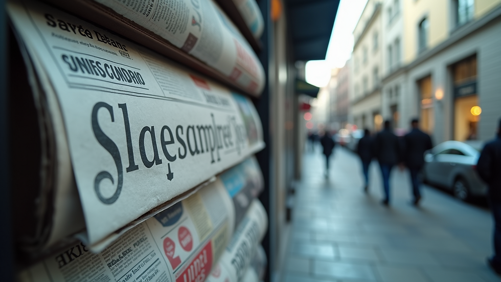 Eye-level view of a newspaper stand filled with various headlines