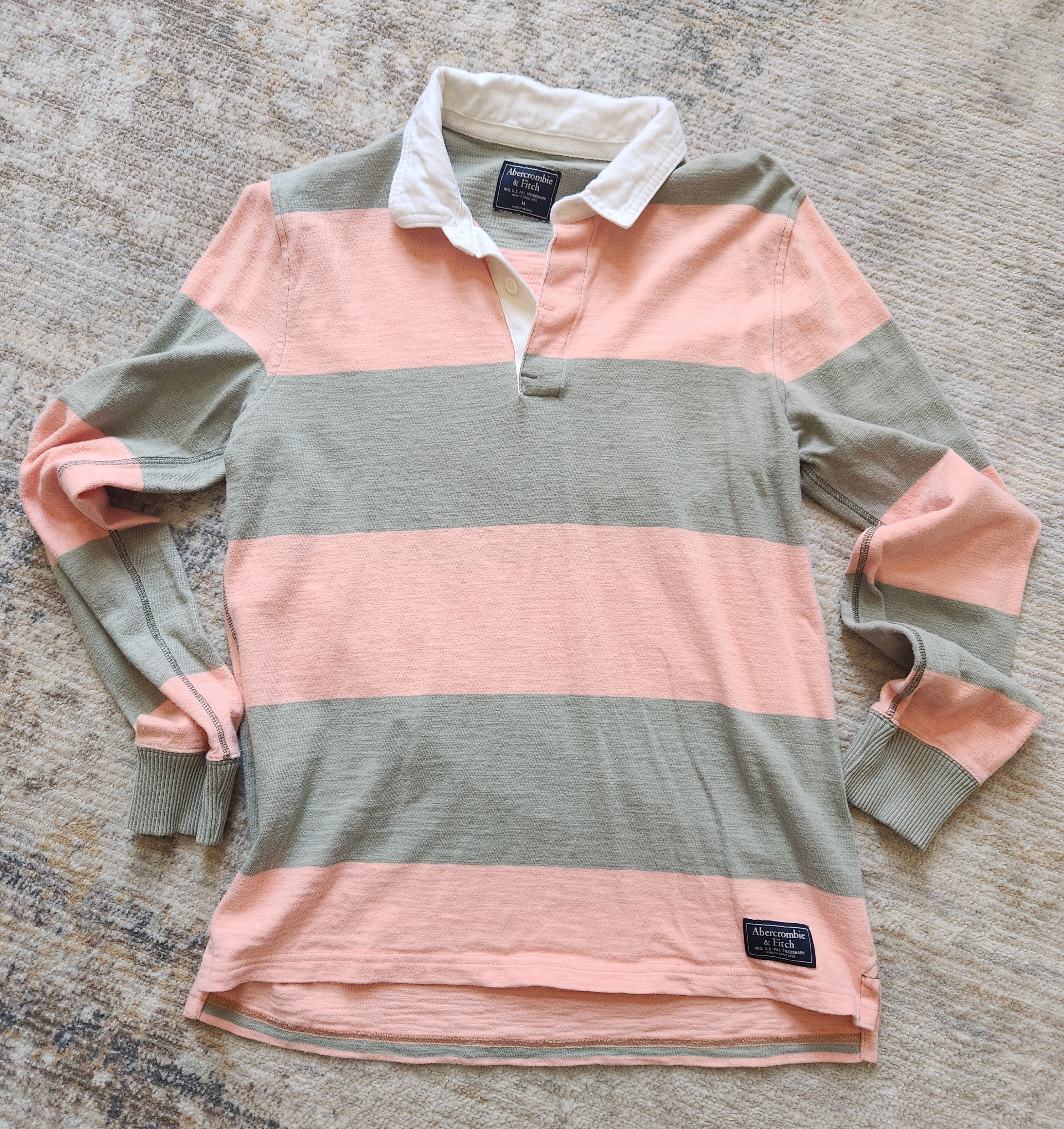 Abercrombie & Fitch Striped Long Sleeve Polo (Peach &Khaki)