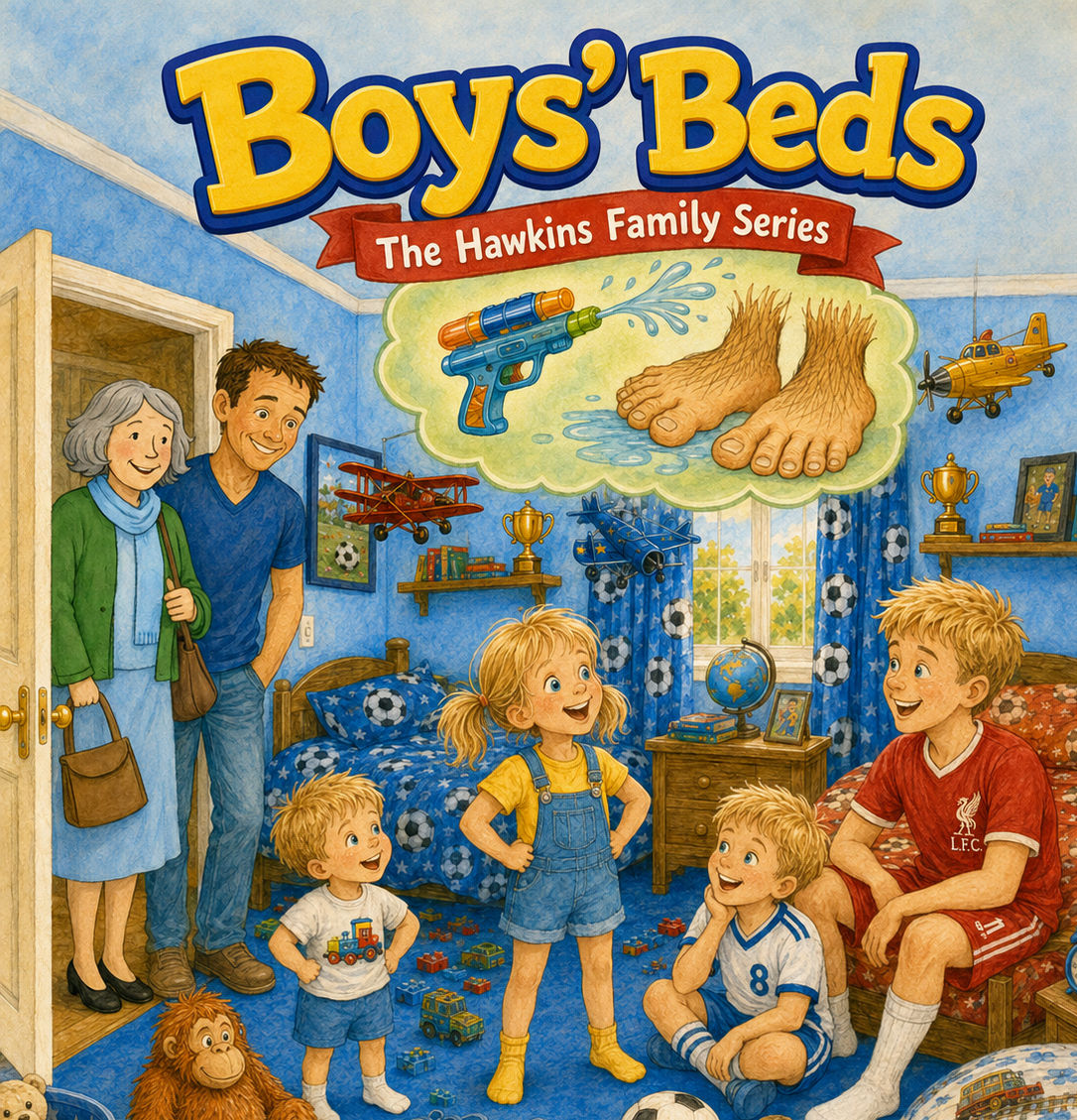 front cover of book boys beds, family are in a bedroom and the chidlren are talking and dad and nan are at the doorway