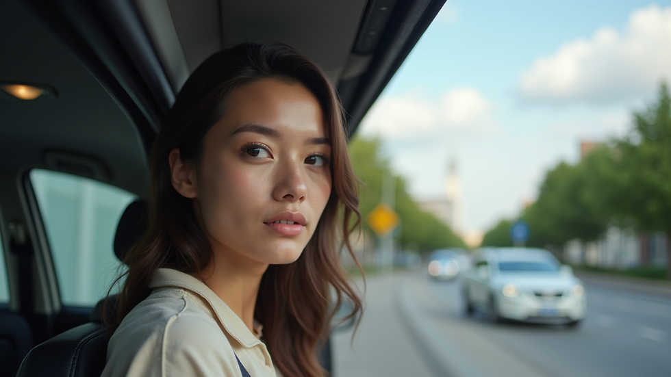 Eye-level view of a woman waiting beside her vehicle