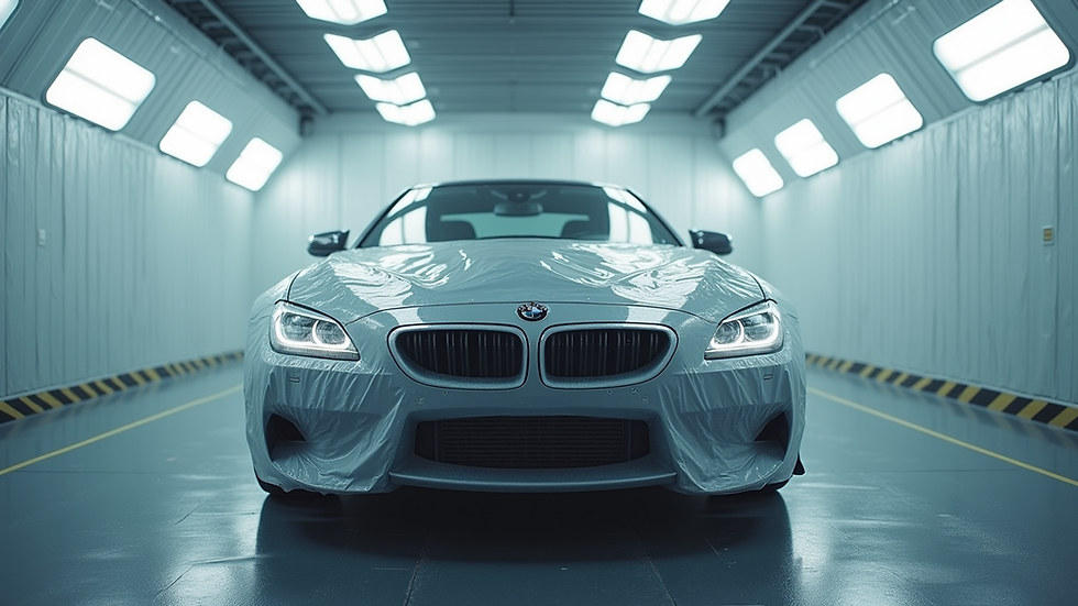 Eye-level view of a car in a paint booth with protective coverings