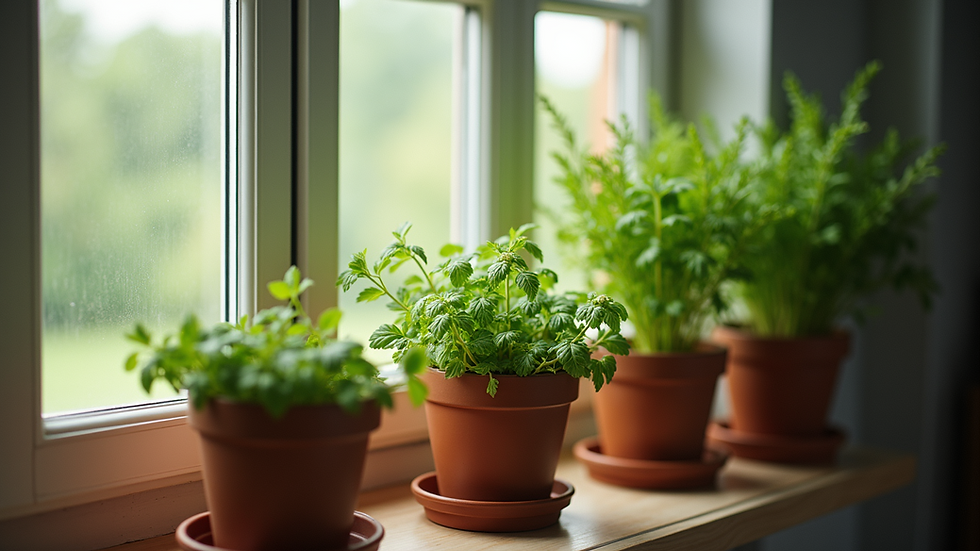 Close-up view of a kitchen windowsill with potted herbs