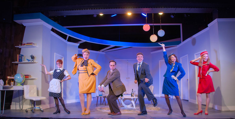 Amy Griffin, Lauren Karaman, Jason Babinsky, Joshua Woodie, Brittany Bertier, and Dana Cullinane in Boeing Boeing
Photo: Danny Sze