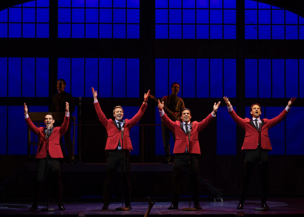 Trevor James, Daxton Bloomquist, Adam Enrique Hollick, and Brent Thiessen in Jersey Boys
Photo: BW Productions