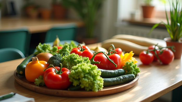 High angle view of a colorful vegetable platter in a healthy classroom setting