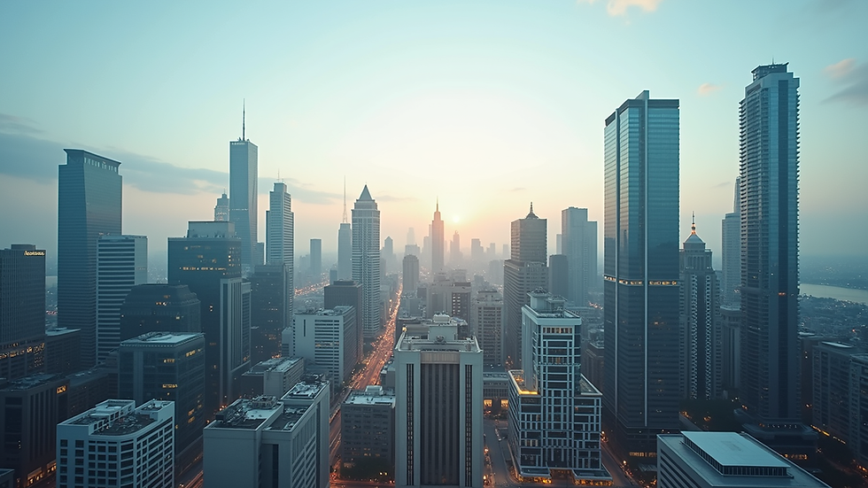 Eye-level view of a modern city skyline with diverse architecture