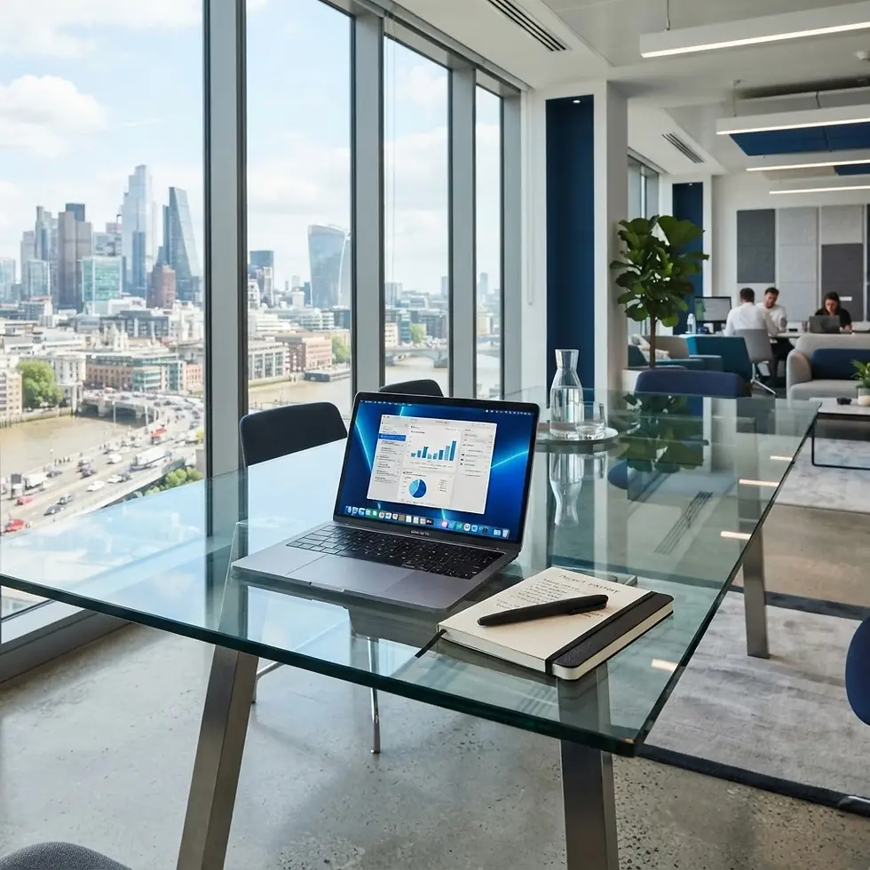 Studio photography of a modern office space with a glass desk, a laptop displaying business charts, and a city skyline view through floor-to-ceiling windows. The bright, professional atmosphere suggests high-level corporate productivity.