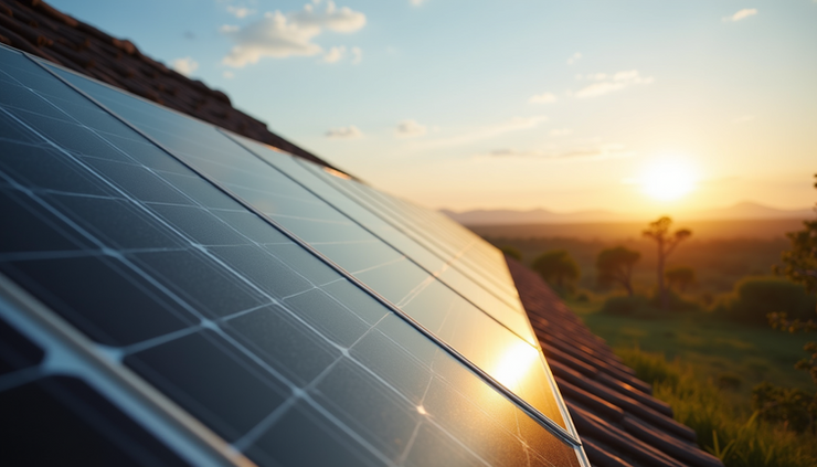 Eye-level view of solar panels installed on a lodge roof in Serengeti