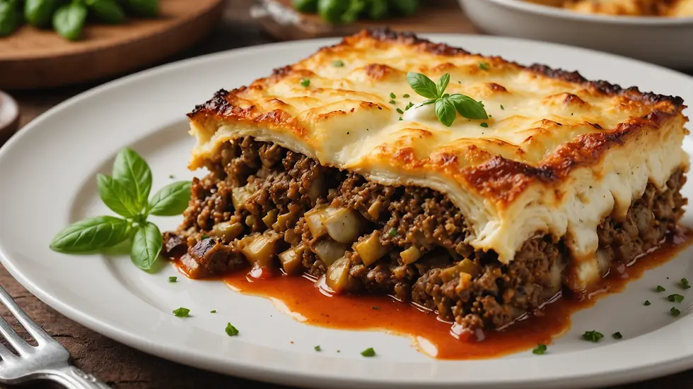 Close-up view of baked moussaka topped with béchamel sauce