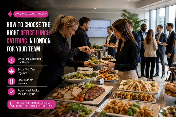 Office lunch catering in London by Pink Diamond Catering with buffet food, professional staff, and employees enjoying a corporate lunch event in a modern office.