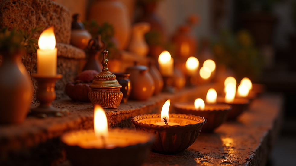 Vista de alta ángulo de un altar tradicional mexicano con veladoras encendidas y objetos rituales
