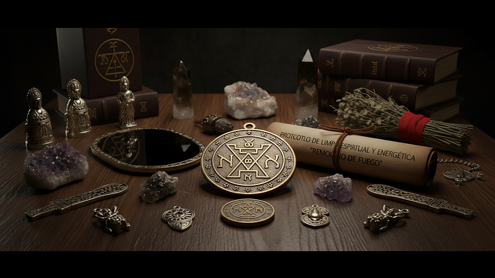 Eye-level view of protective amulets and talismans arranged on a wooden table