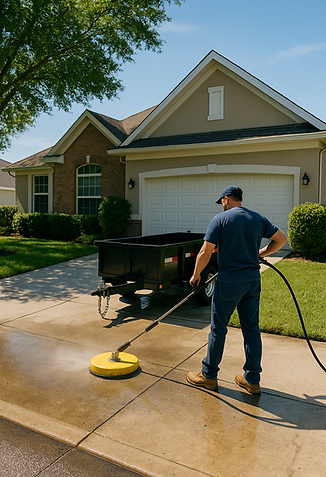 HaulnShine technician pressure washing a residential driveway in Lakeland, FL. Professional pressure washing