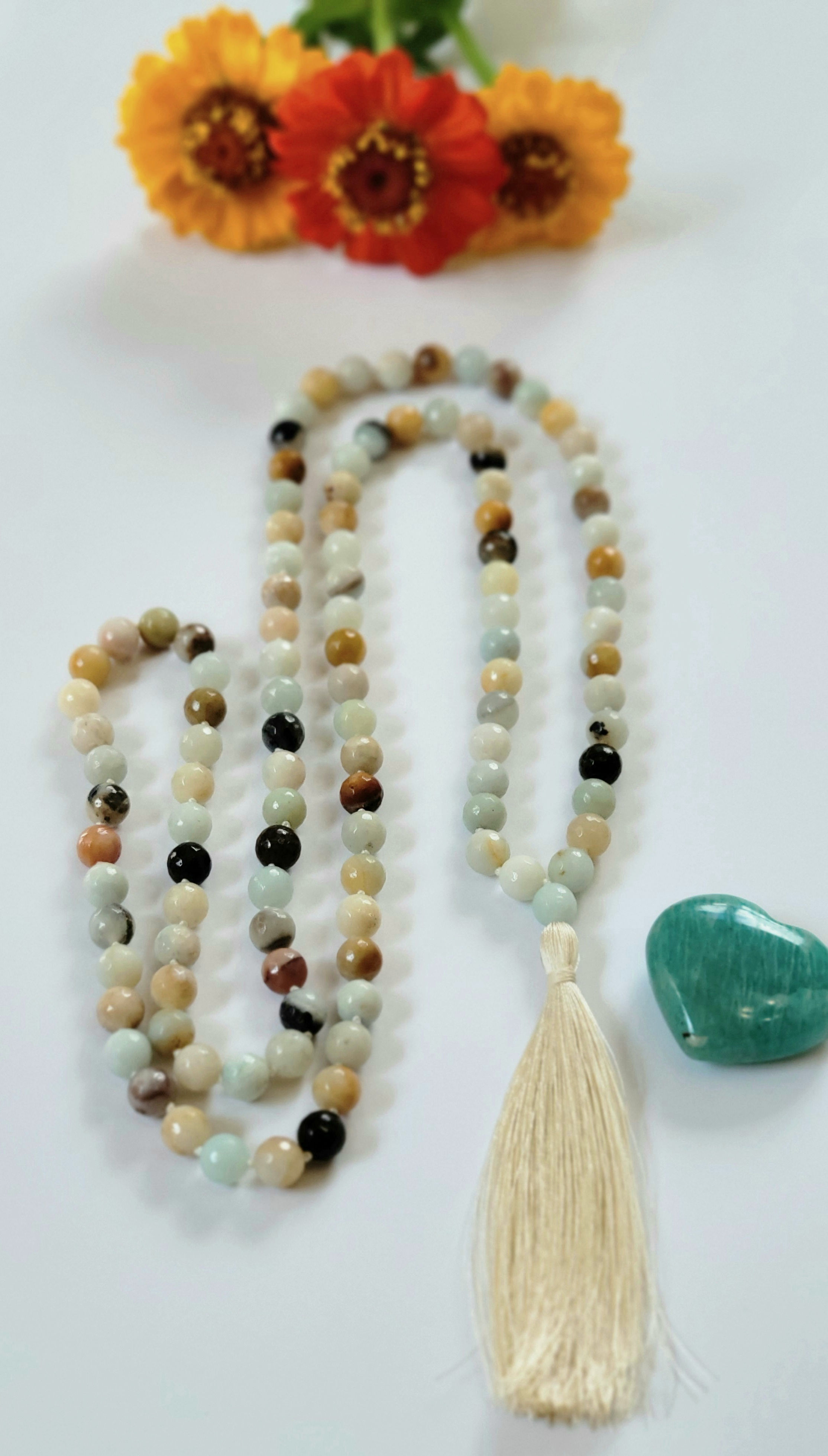 Amazonite faceted 108 bead hand knotted mala with tassel