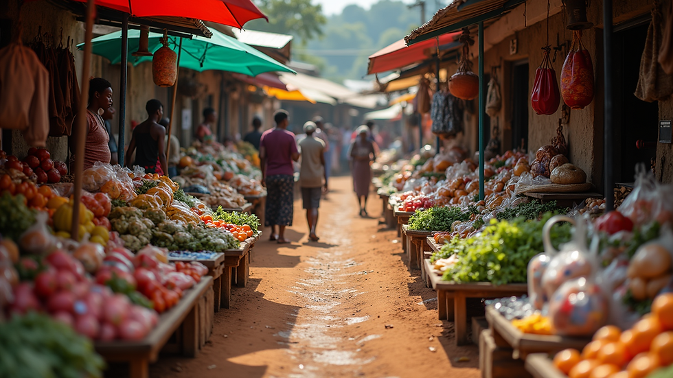 High angle view of a vibrant Rwandan market filled with local goods
