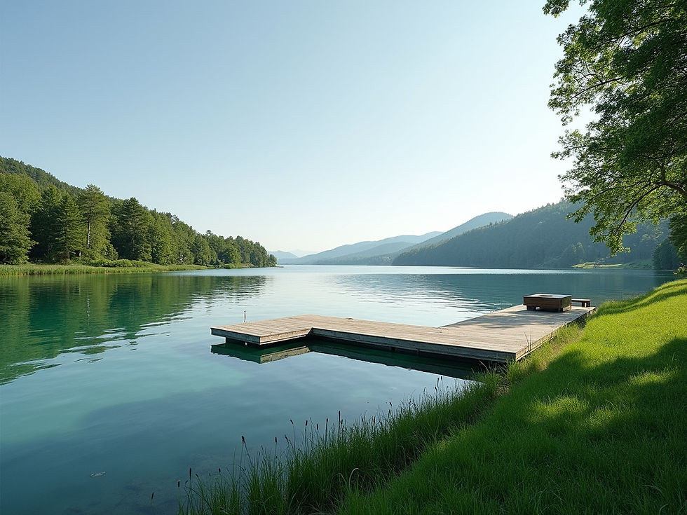 Wooden dock on a calm lake showing our services.