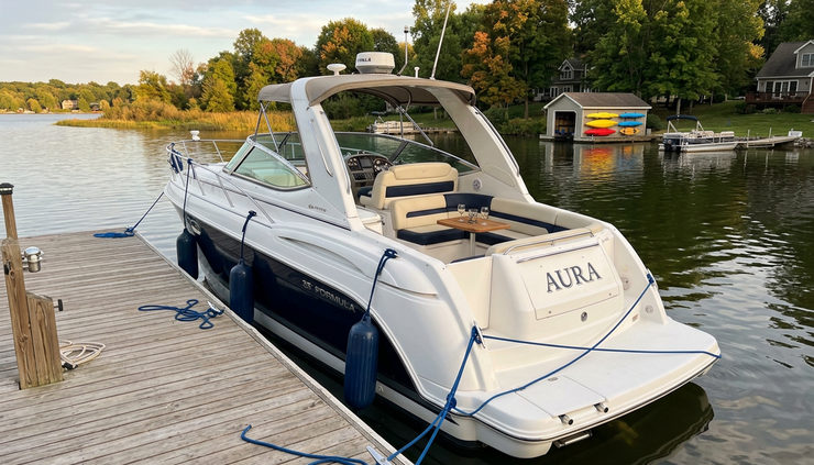 Eye-level view of a larger boat tied beside a dock with open seating space nearby