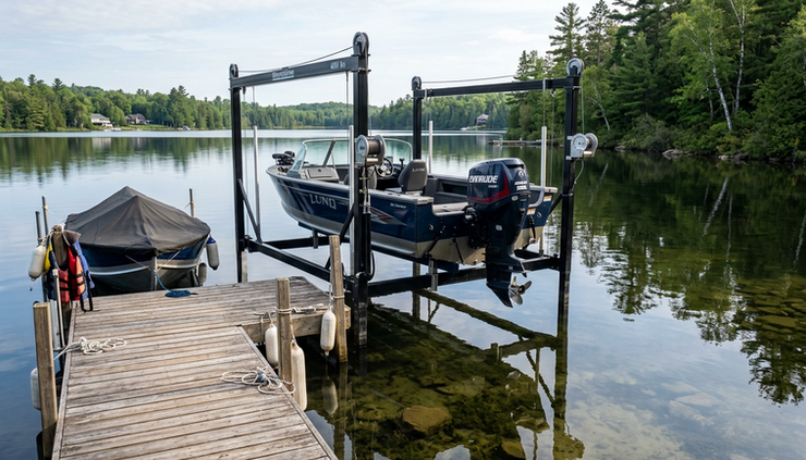 Wide-angle view of a boat lift installed beside a calm residential dock.