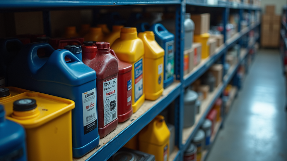 High angle view of industrial lubricant containers organized in storage