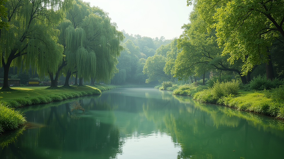 A serene view of a well-maintained lake surrounded by lush greenery