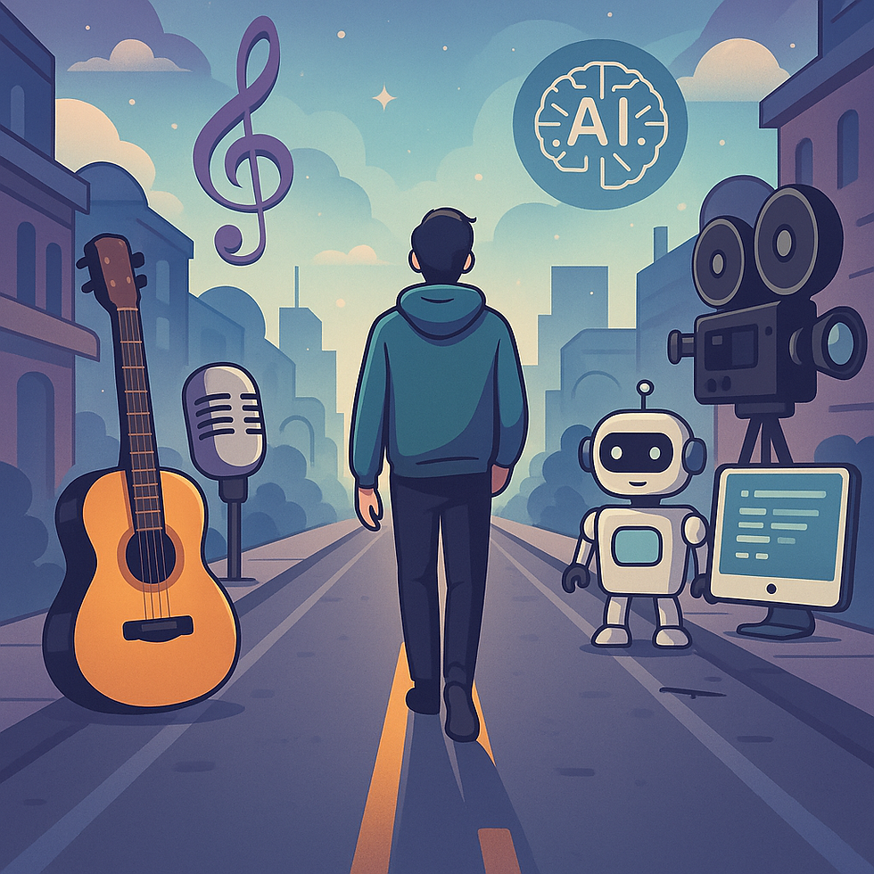 perso walking down creative path with music, tech, and robot icons