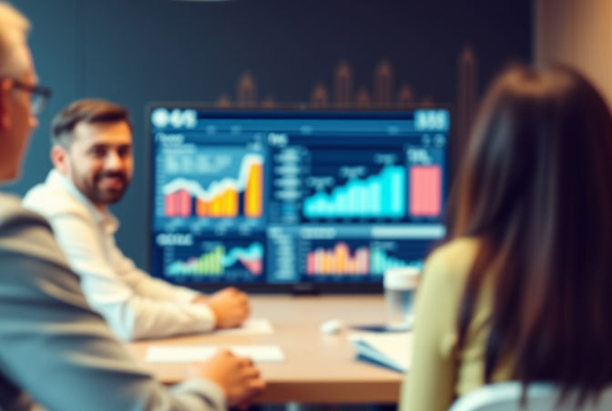 LEADERSHIP TEAM MEETING SLIGHTLY BLURRED NEUTRAL TONES DATA ANALYTICS ON SCREEN IN BACKGRO