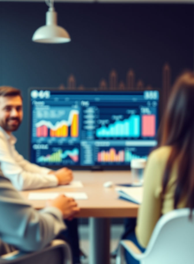 LEADERSHIP TEAM MEETING SLIGHTLY BLURRED NEUTRAL TONES DATA ANALYTICS ON SCREEN IN BACKGRO