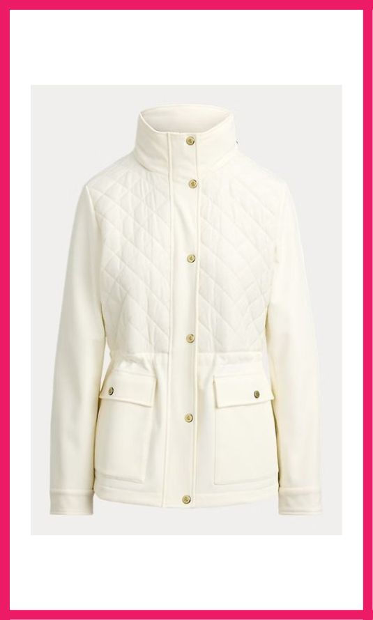 A white quilted jacket, ideal for building a capsule wardrobe with