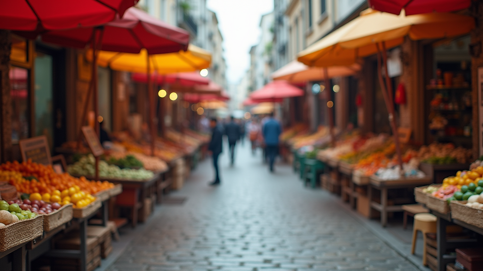 Eye-level view of a vibrant outdoor market with colorful stalls
