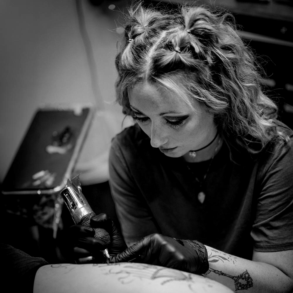 Portrait of Jamie Hotalen, tattoo artist at Mad Ethel’s Tattoo in Raleigh, NC