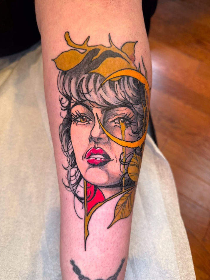 Neo-traditional color woman portrait tattoo by Clinton Gifford in Raleigh, NC