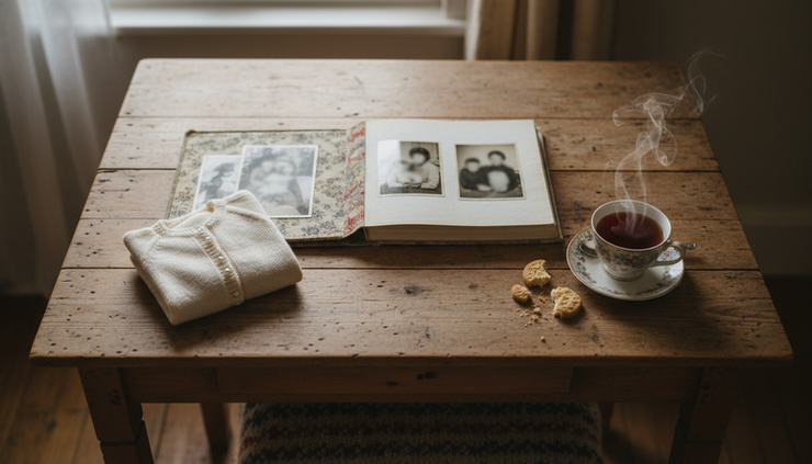 Overhead view of a family photo album beside a baby cardigan and a cup of tea