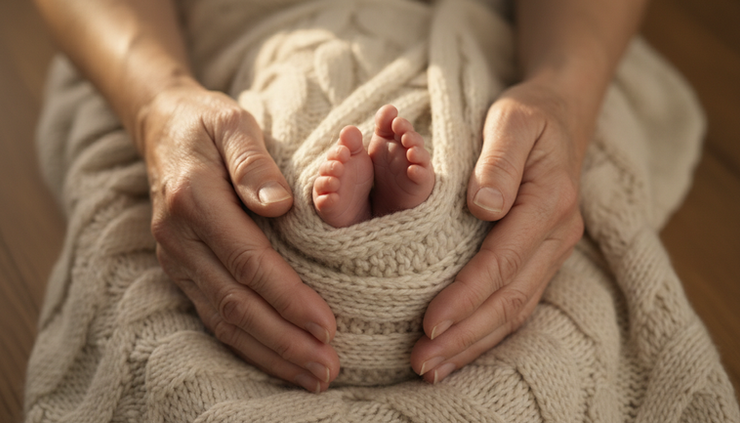 Close-up of a grandmother’s hands resting near a newborn baby’s wrapped feet